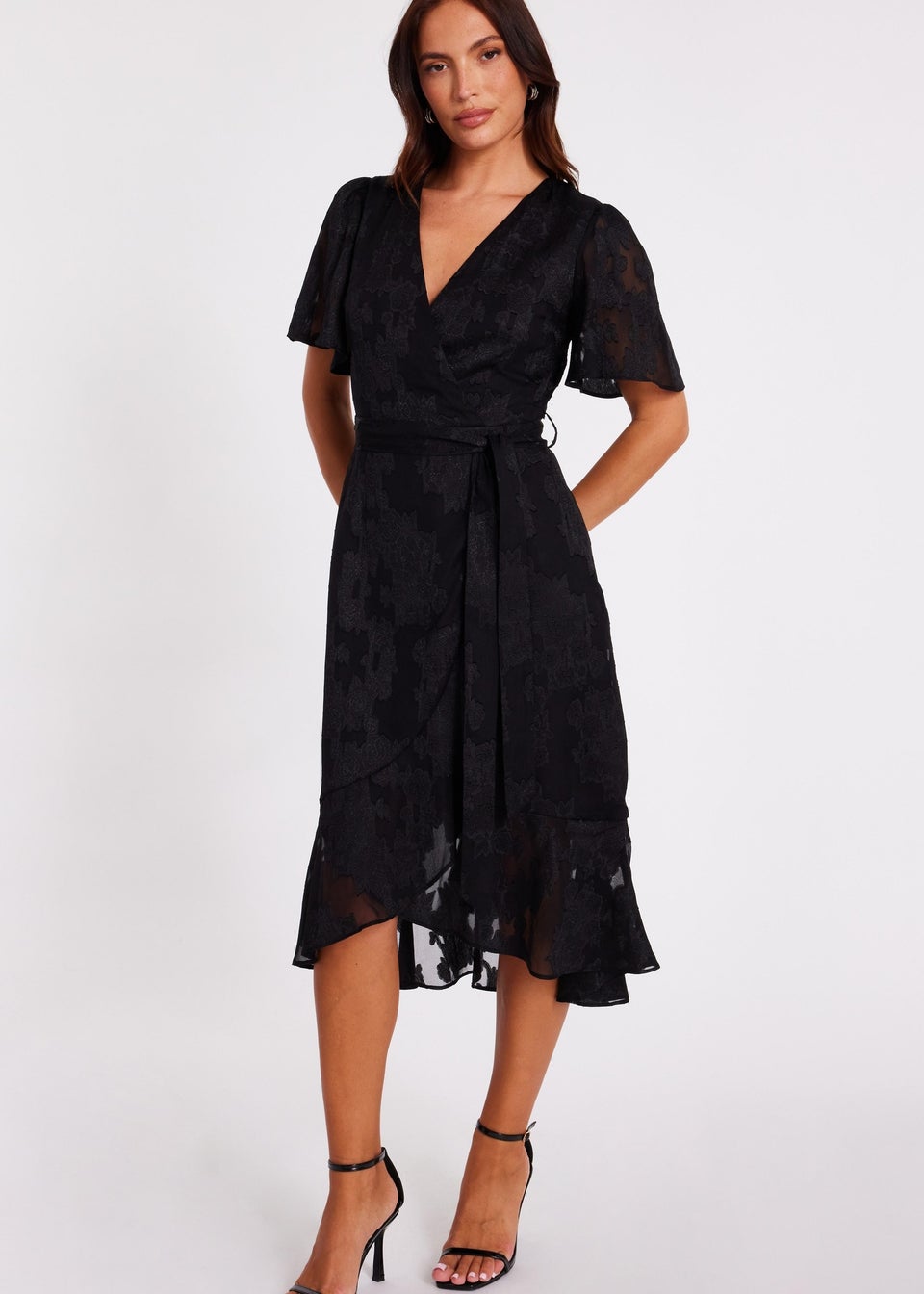 Quiz Black Jacquard Wrap Midi Dress