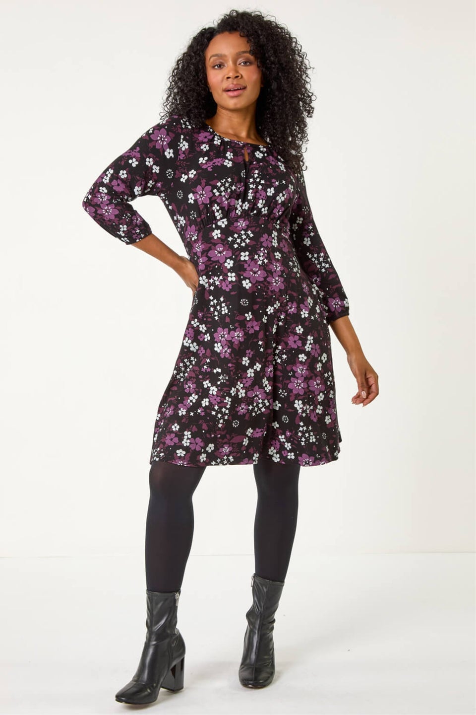 Roman Purple Petite Floral Keyhole Detail Dress