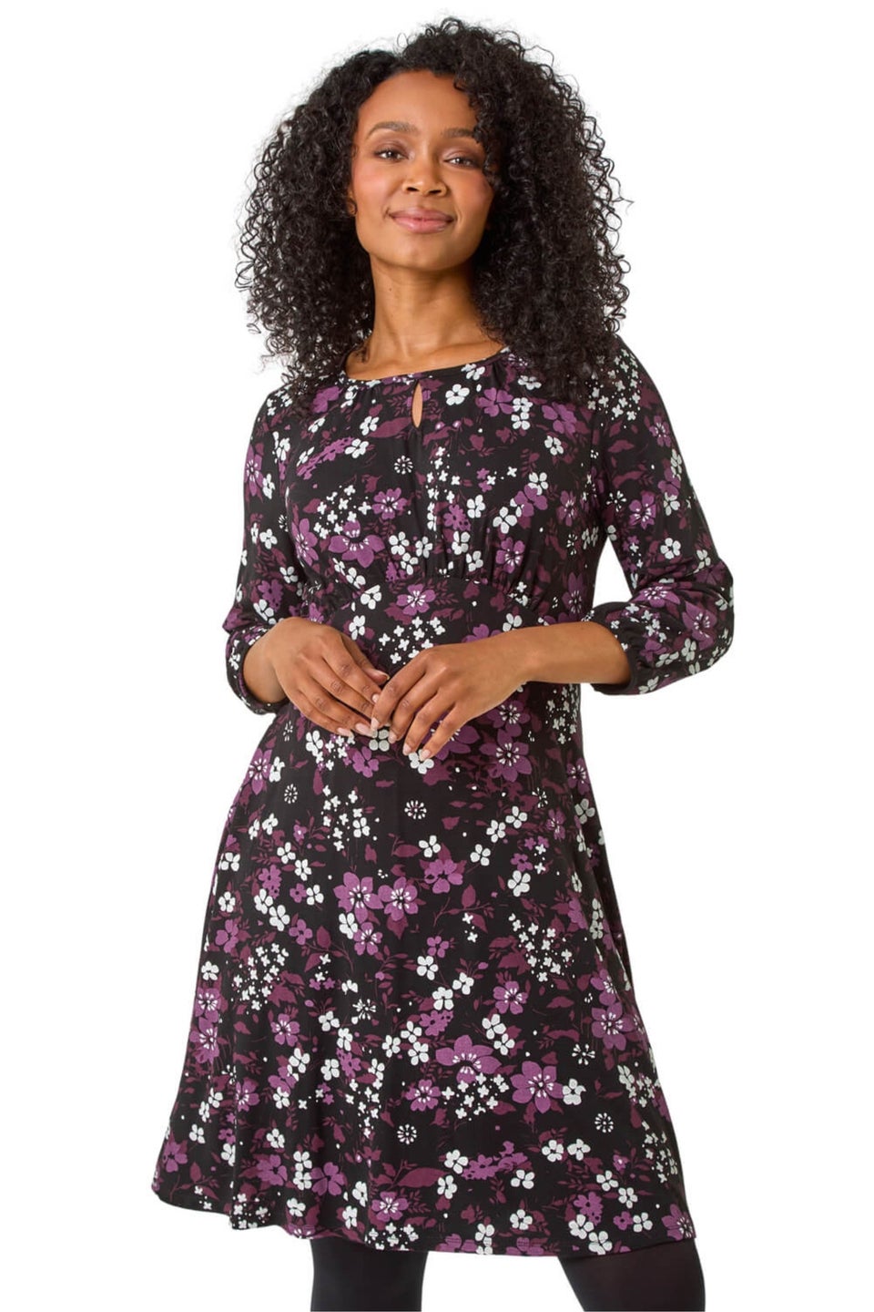 Roman Purple Petite Floral Keyhole Detail Dress