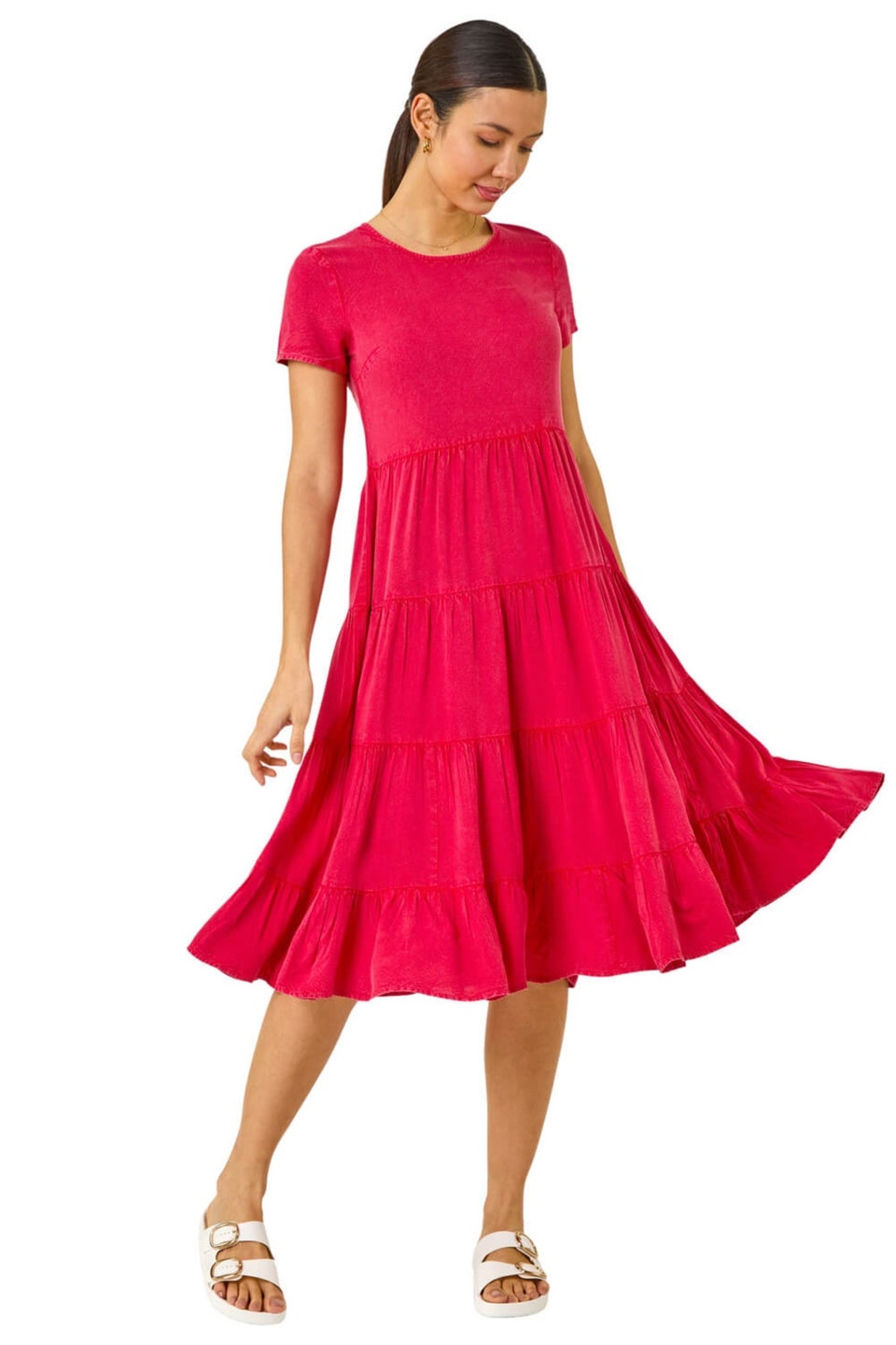 Roman Pink Frill Tiered Smock Midi Dress