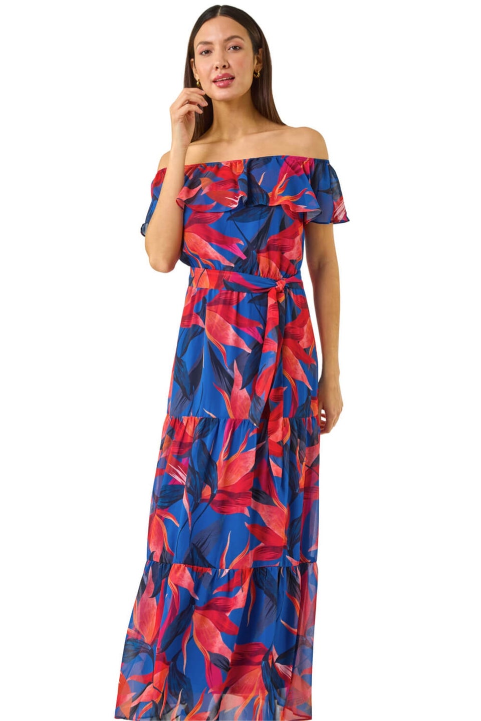 Roman Navy Floral Print Bardot Belted Maxi Dress