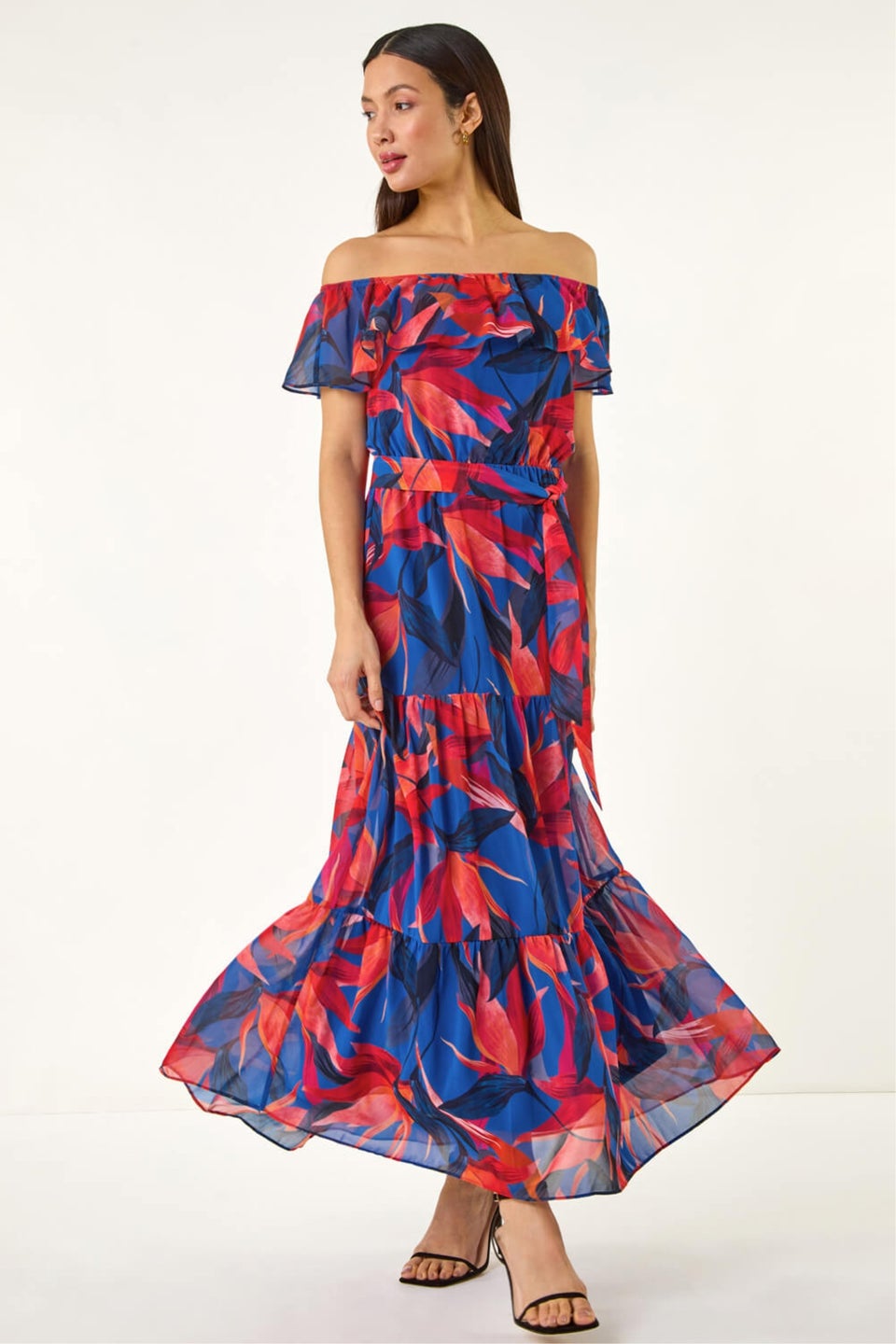 Roman Navy Floral Print Bardot Belted Maxi Dress