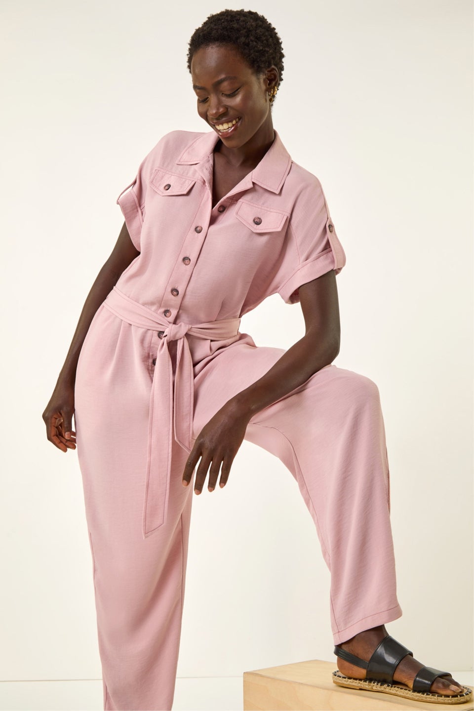 Roman Light Pink Utility Buttoned Jumpsuit