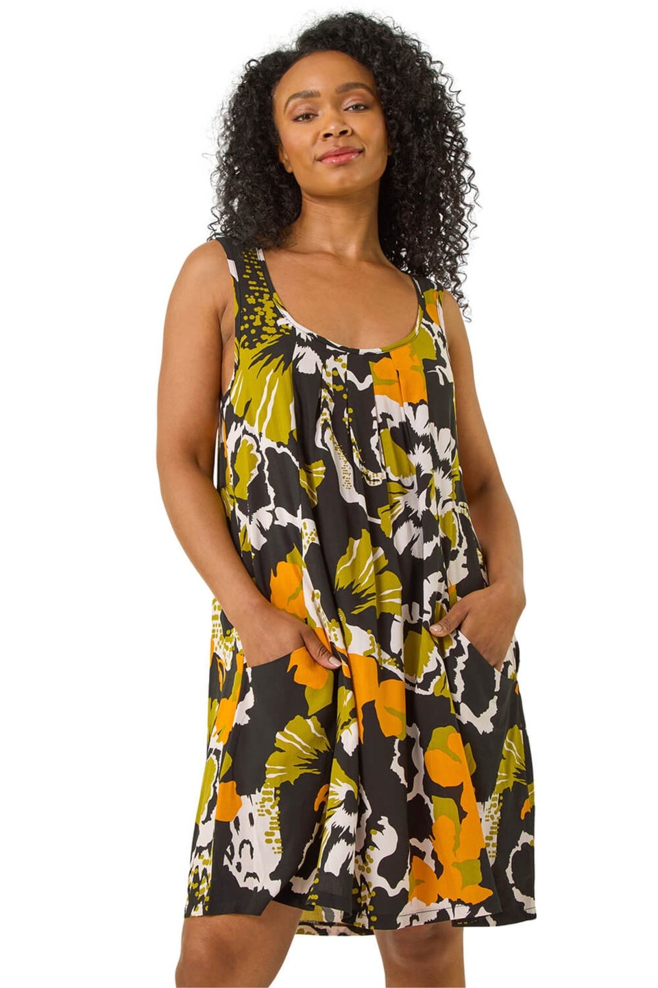 Roman Green Petite Leaf Print Scoop Neck Dress