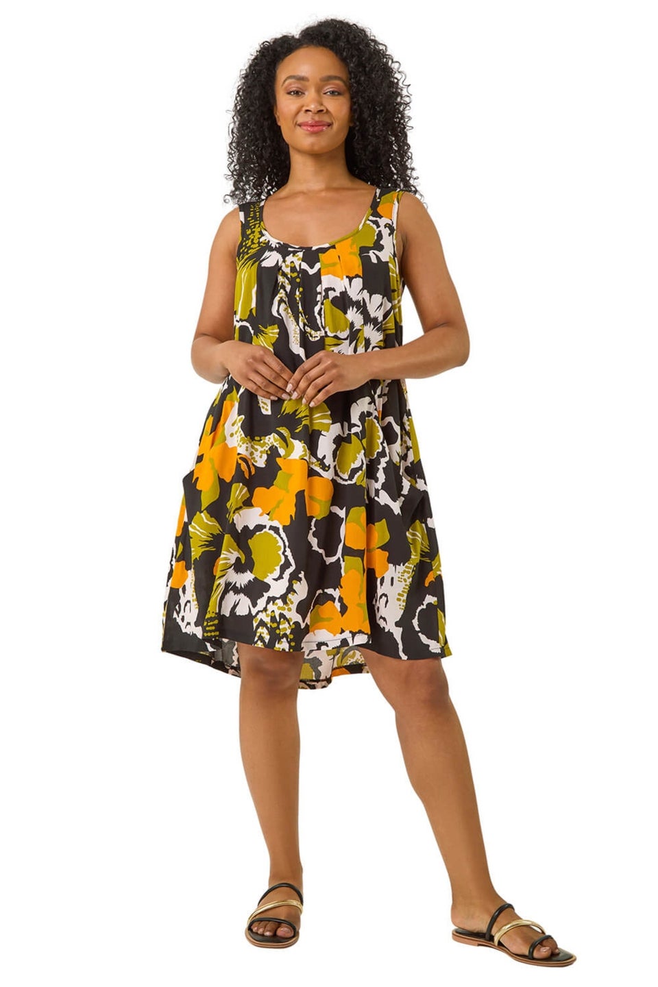 Roman Green Petite Leaf Print Scoop Neck Dress