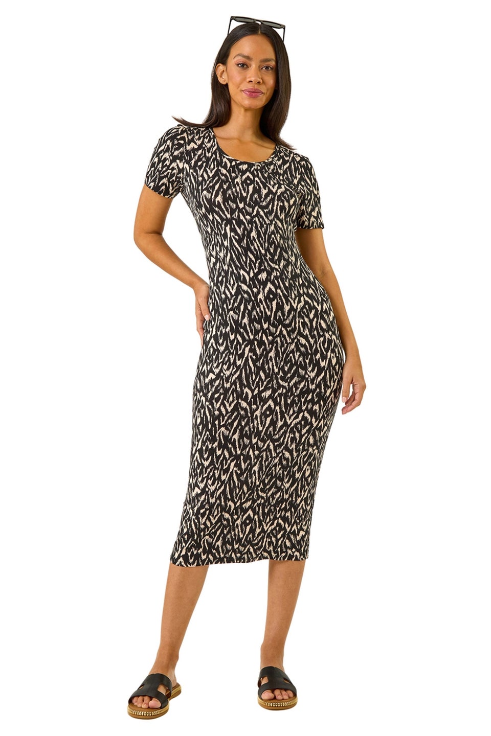 Dusk Black Abstract Print Stretch Midi Dress