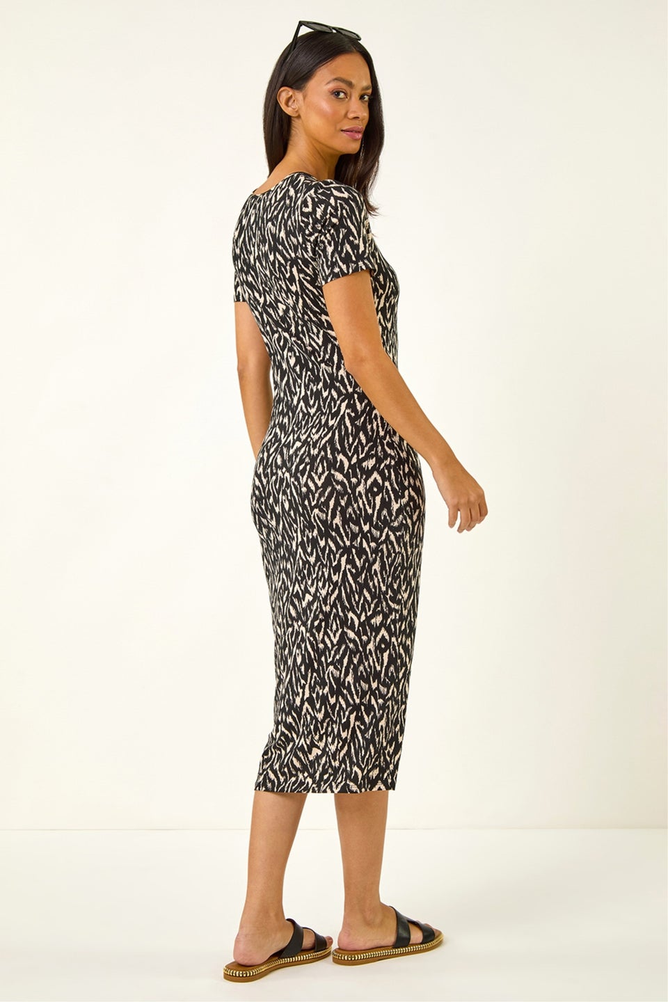 Dusk Black Abstract Print Stretch Midi Dress
