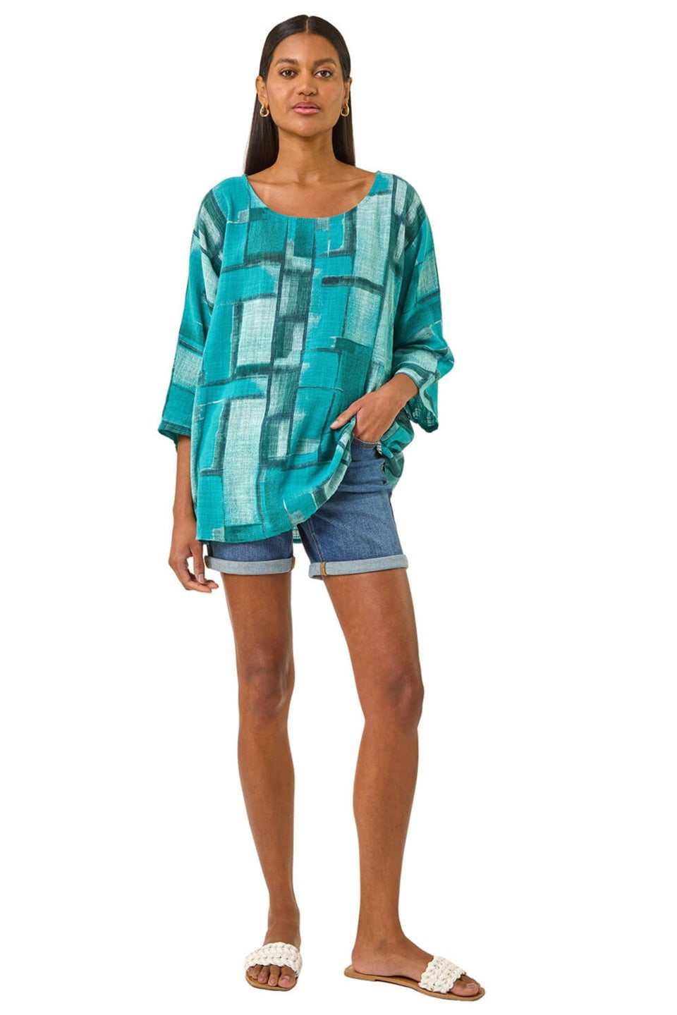 Roman Blue Abstract Print Tunic Top