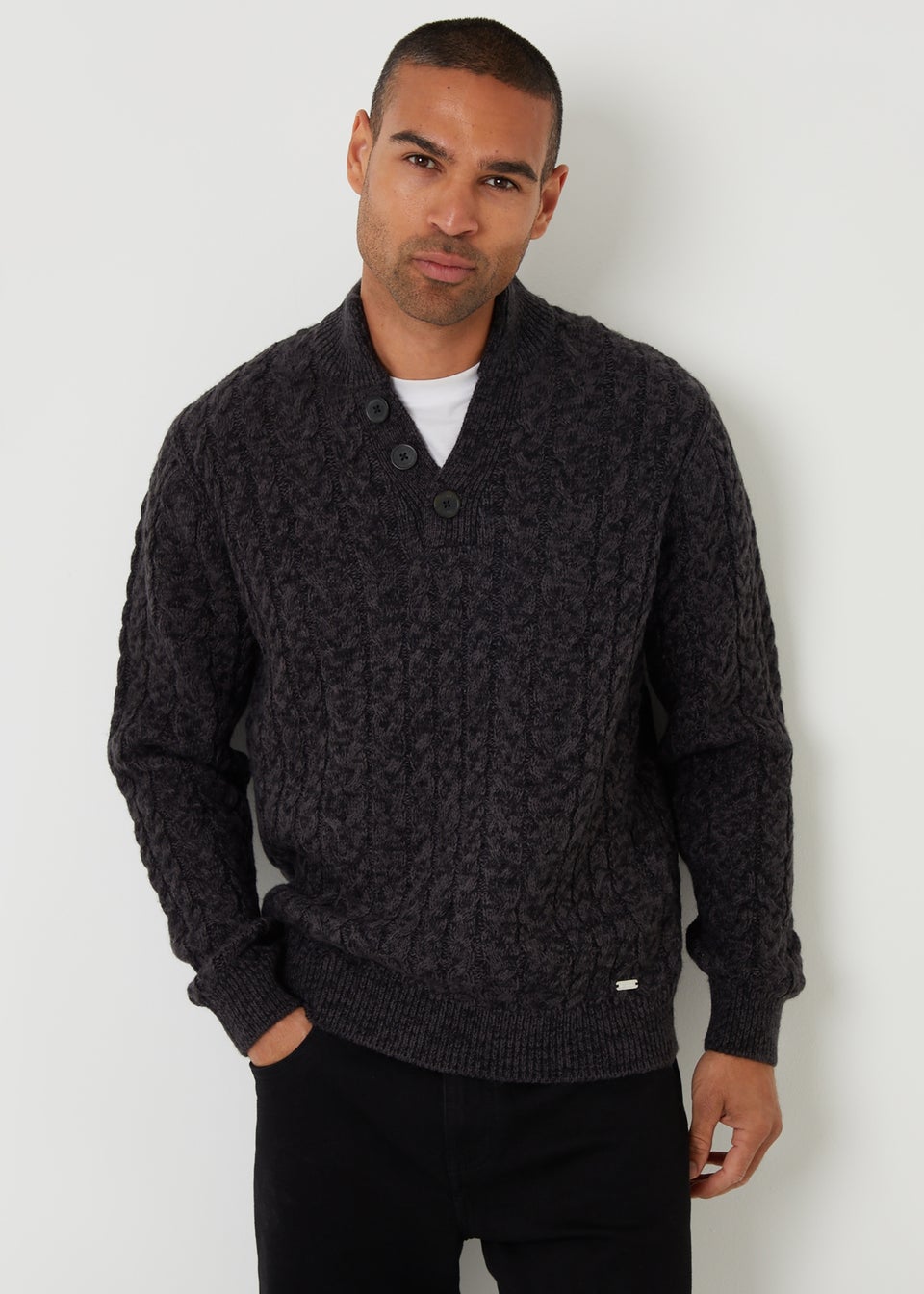 Threadbare Black Mock Tee Funnel Neck Cable Knit Jumper