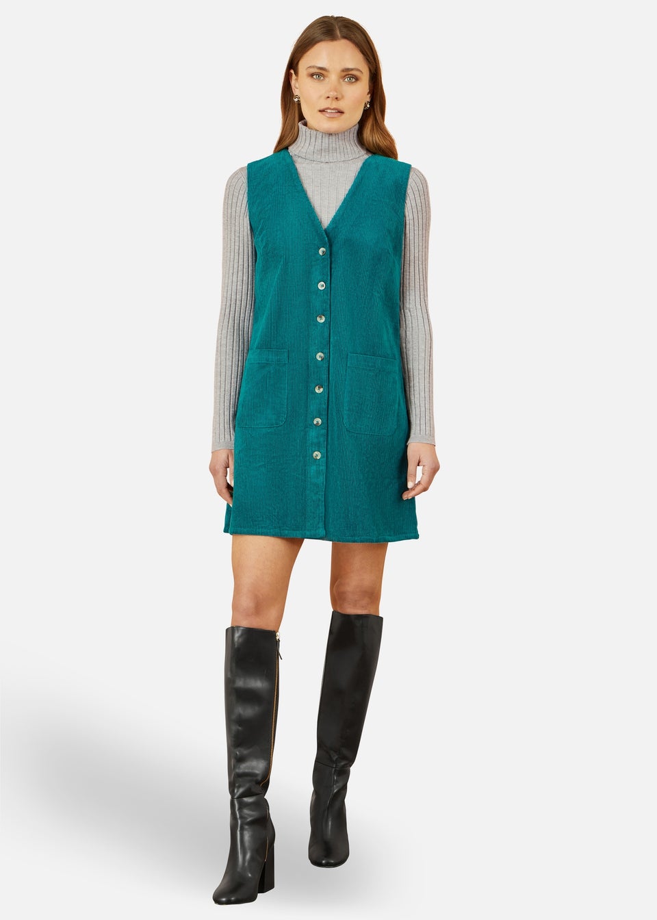 Yumi Teal Cord Button Through Pinafore Dress With Pockets