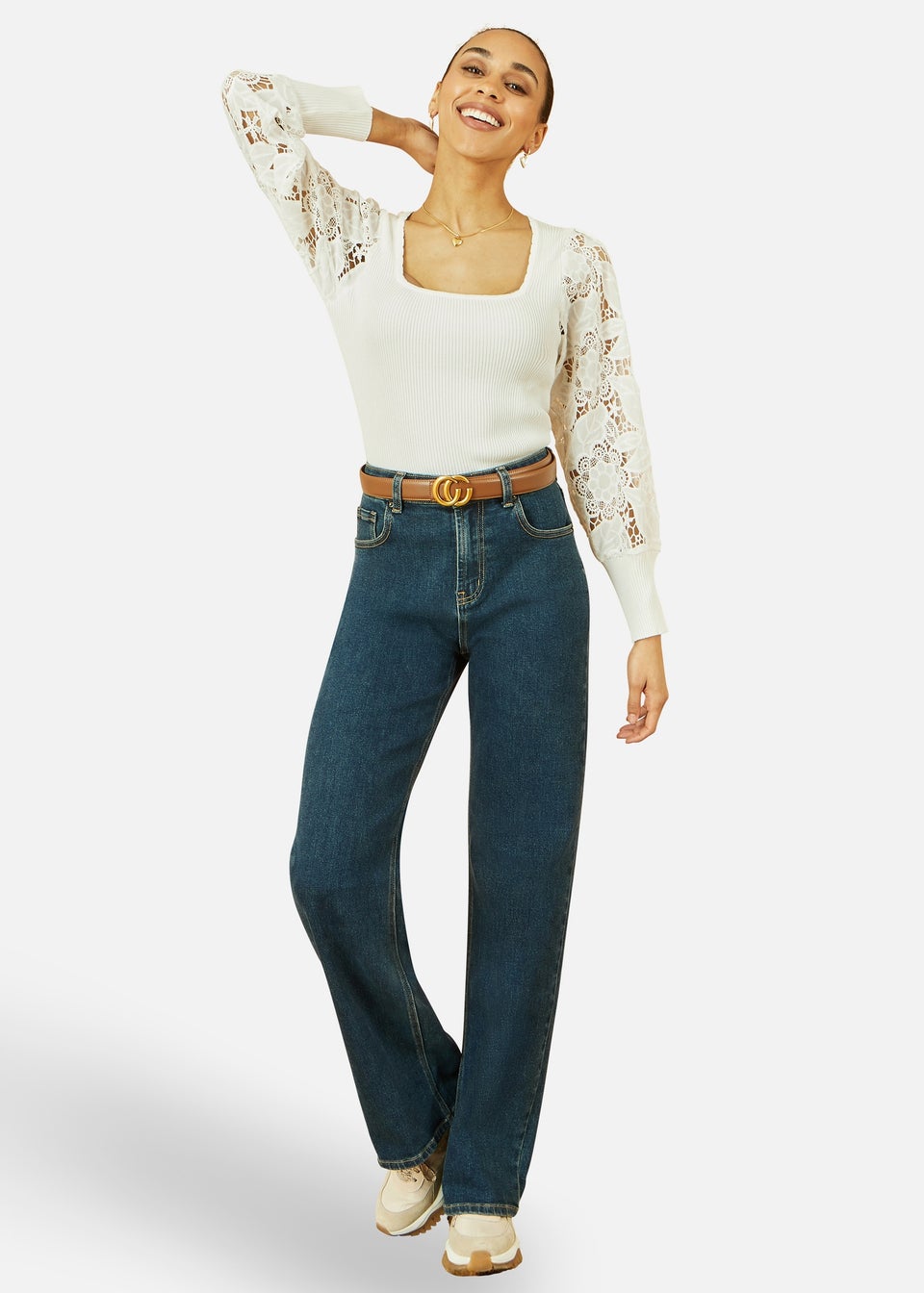 Yumi White Ribbed Knitted Top With Lace Sleeves