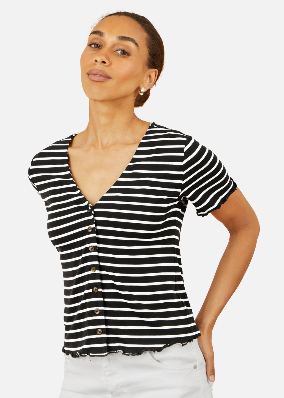 Yumi Black Striped Cotton Jersey Lettuce Trim T-Shirt