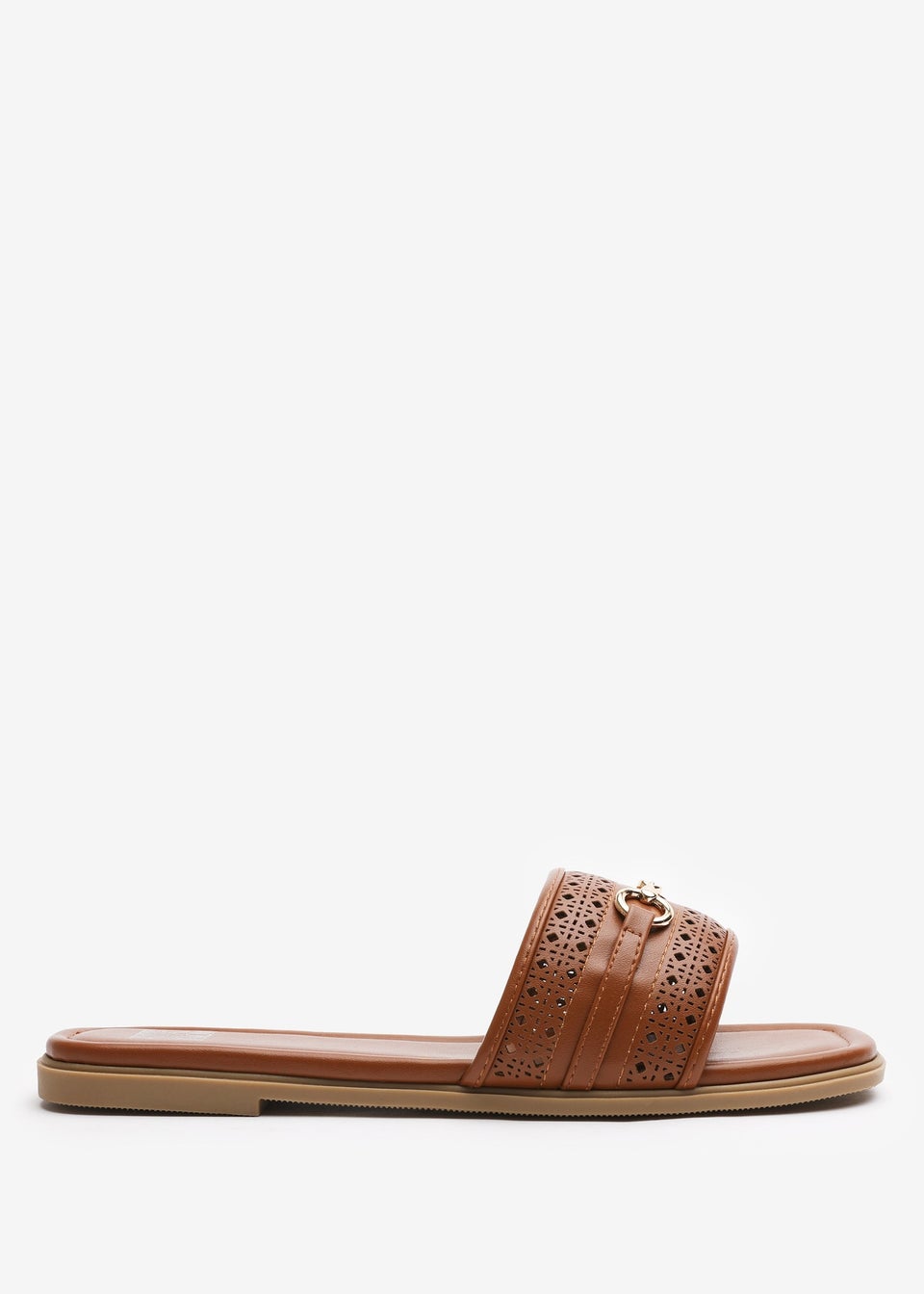 Where's That From Mackenzie Tan Sliders With Geometric Metal Strap Detail