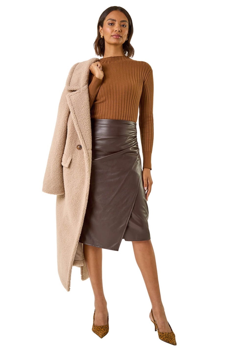 Roman Chocolate Faux Leather Ruched Wrap Skirt Matalan