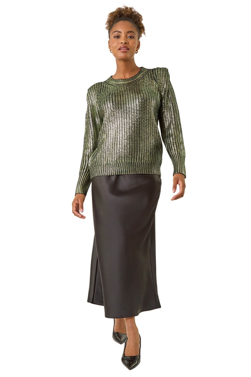 Roman Green Metallic Crew Neck Knit Jumper