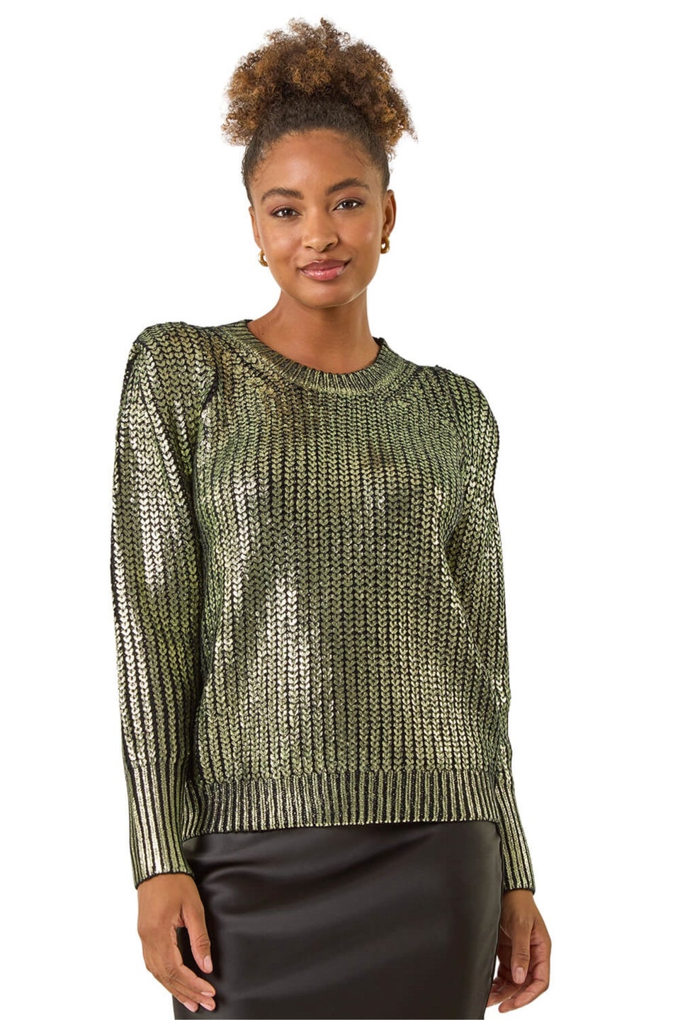 Roman Green Metallic Crew Neck Knit Jumper