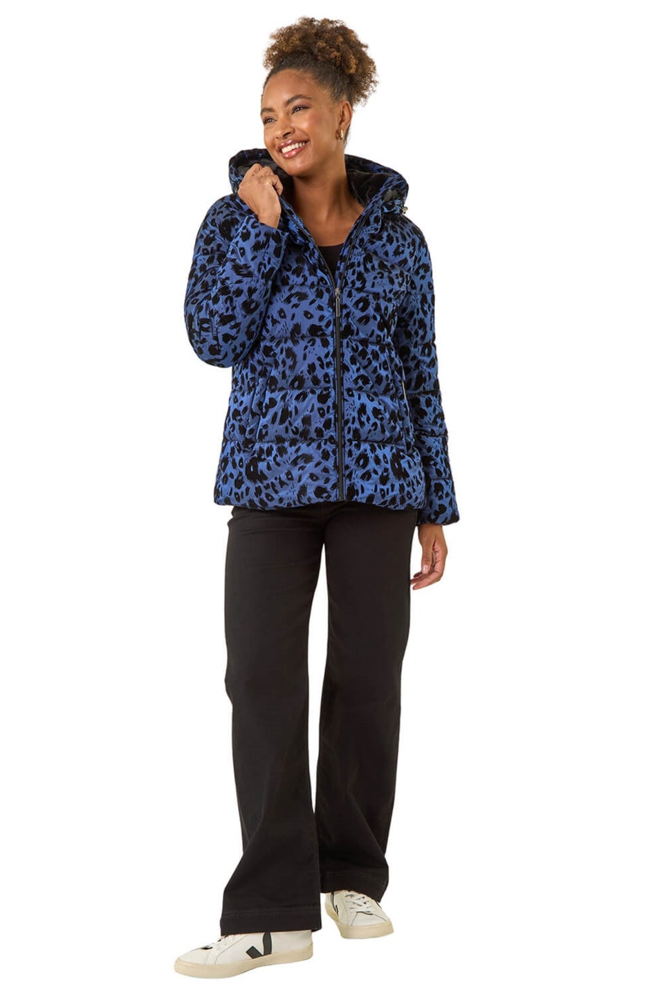 Roman Blue Animal Print Flocked Hooded Coat