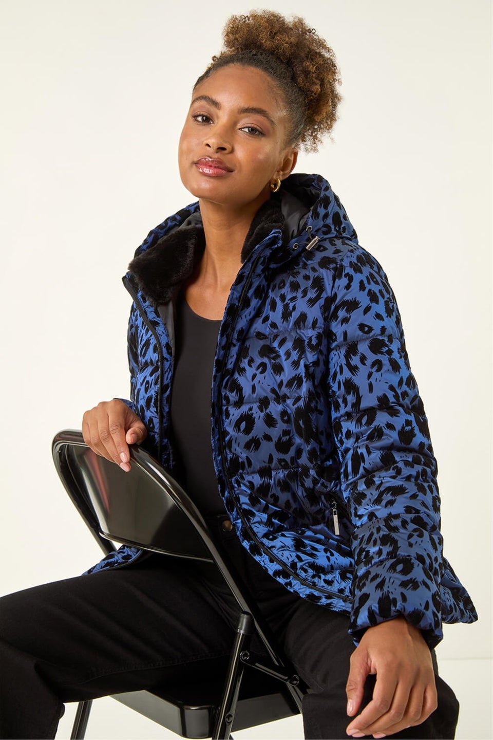 Roman Blue Animal Print Flocked Hooded Coat