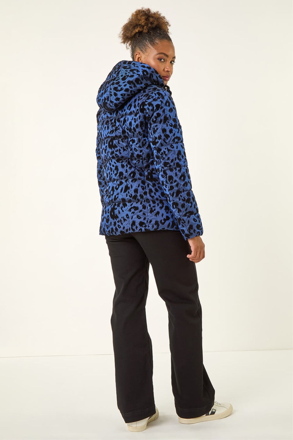 Roman Blue Animal Print Flocked Hooded Coat