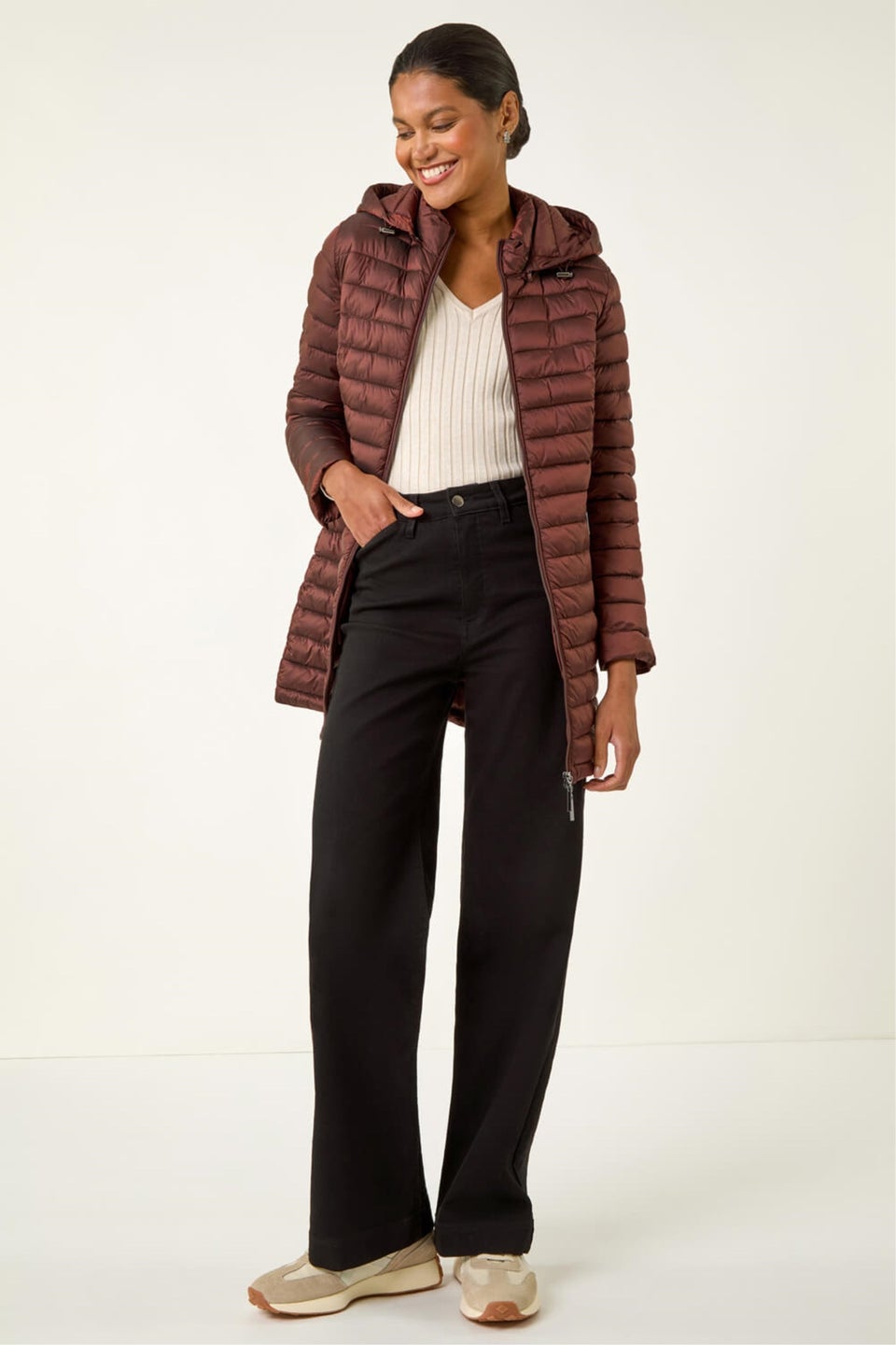 Roman Chocolate Longline Quilted Hooded Puffer Coat