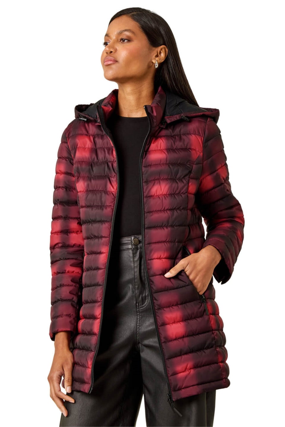 Roman Burgundy Check Print Quilted Puffer Coat