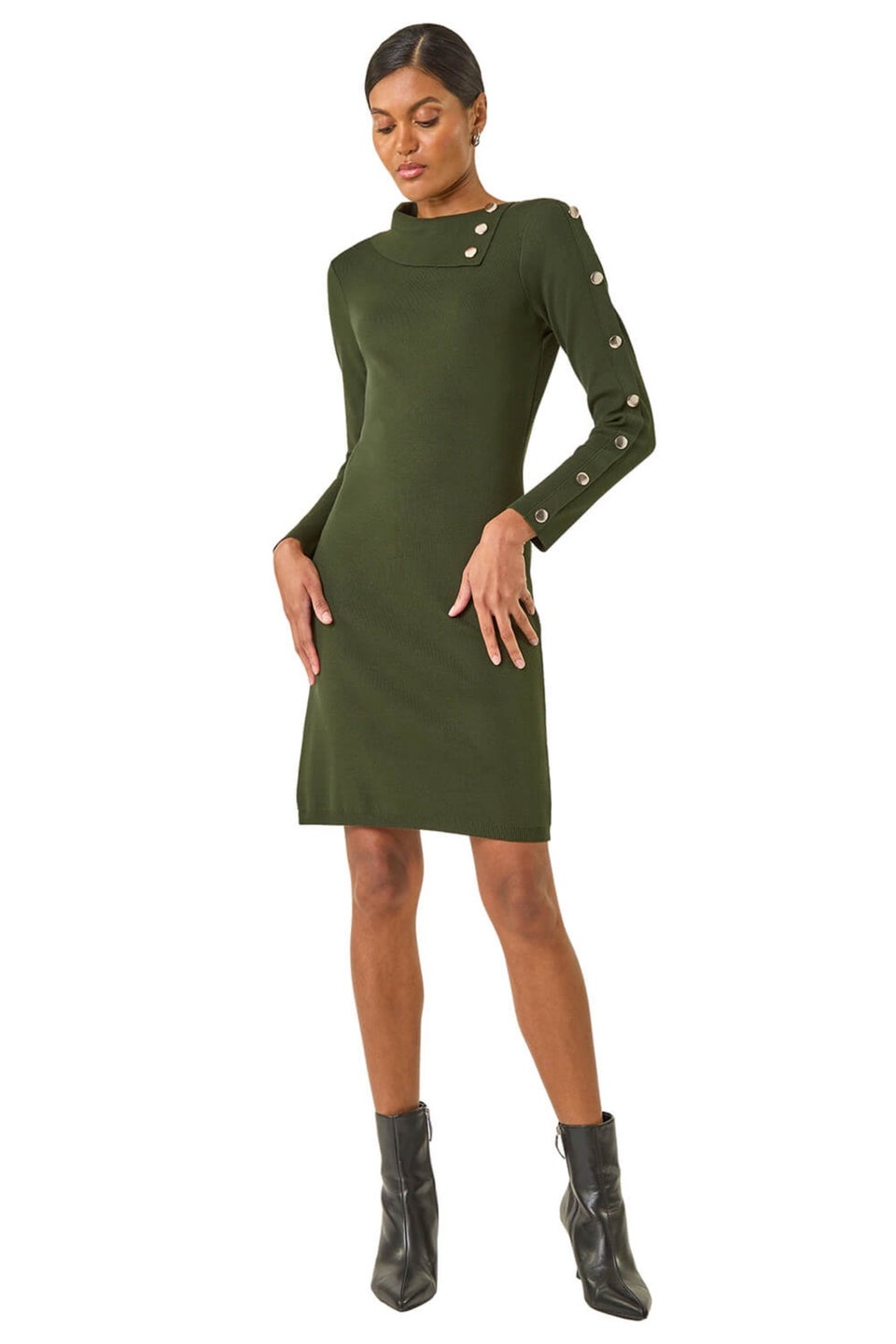 Roman Dark Green Button Detail Roll Neck Jumper Dress