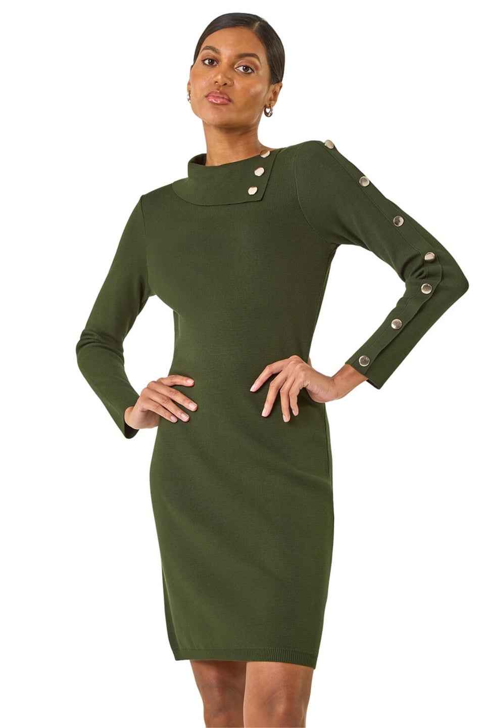 Roman Dark Green Button Detail Roll Neck Jumper Dress