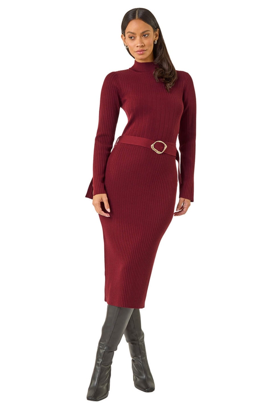 Dusk Wine Knitted Buckle Midi Dress