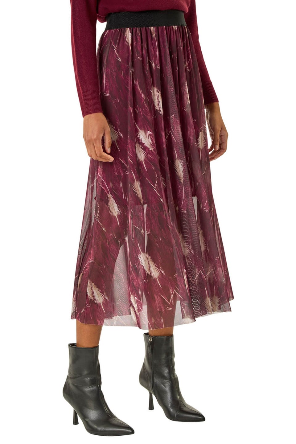 Roman Bordeaux Abstract Print Mesh Overlay Skirt
