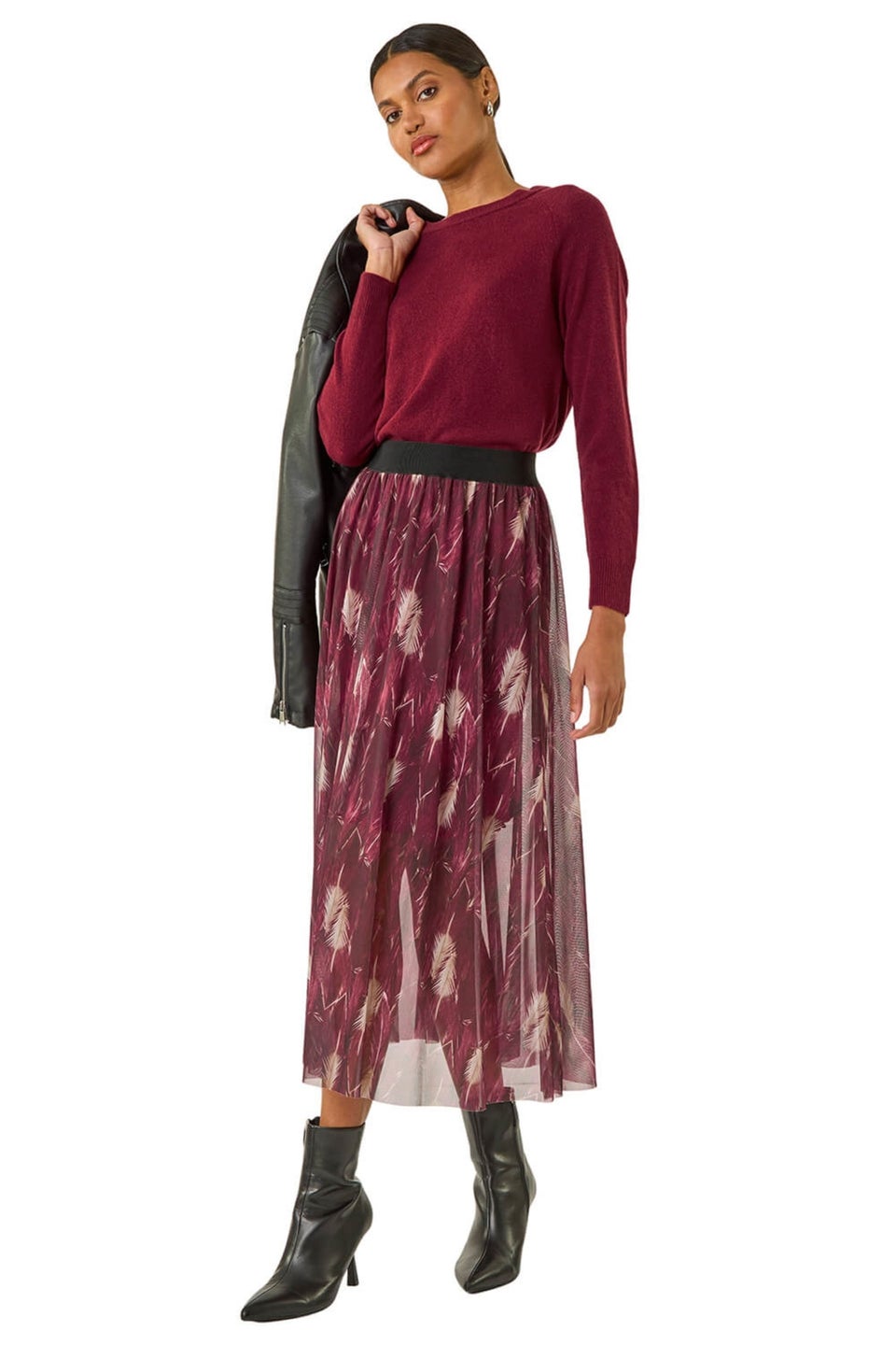 Roman Bordeaux Abstract Print Mesh Overlay Skirt
