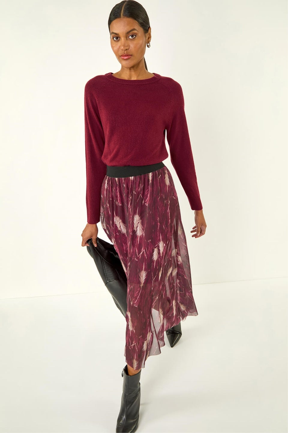 Roman Bordeaux Abstract Print Mesh Overlay Skirt