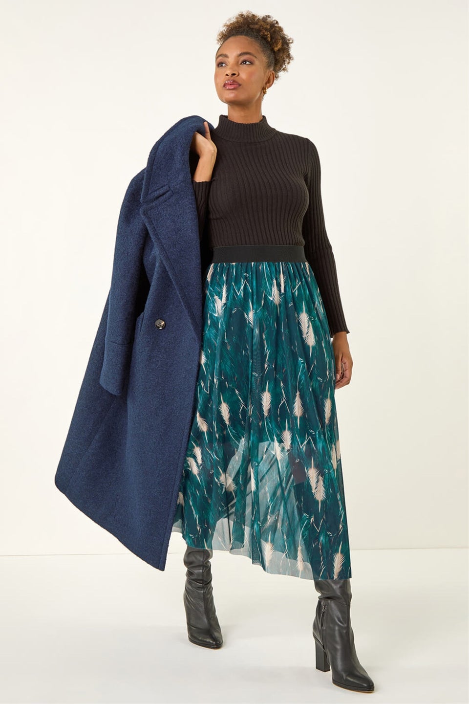 Roman Petrol Blue Abstract Print Mesh Overlay Skirt