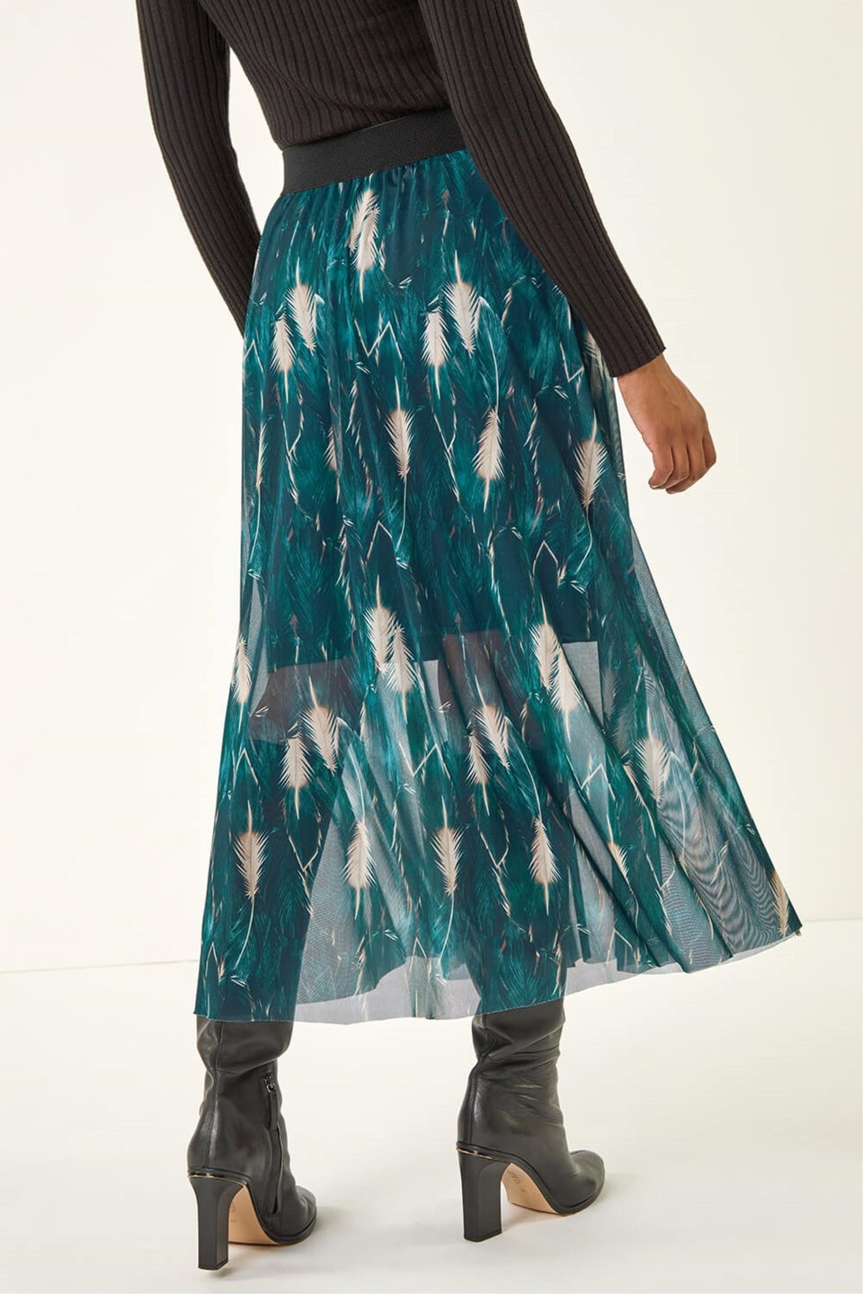 Roman Petrol Blue Abstract Print Mesh Overlay Skirt