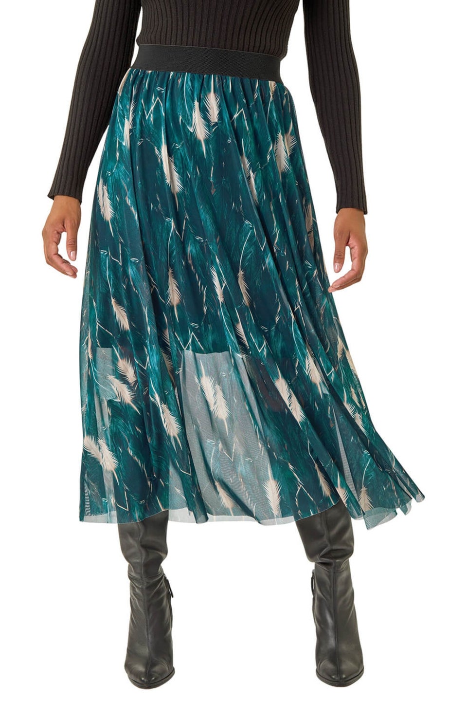 Roman Petrol Blue Abstract Print Mesh Overlay Skirt