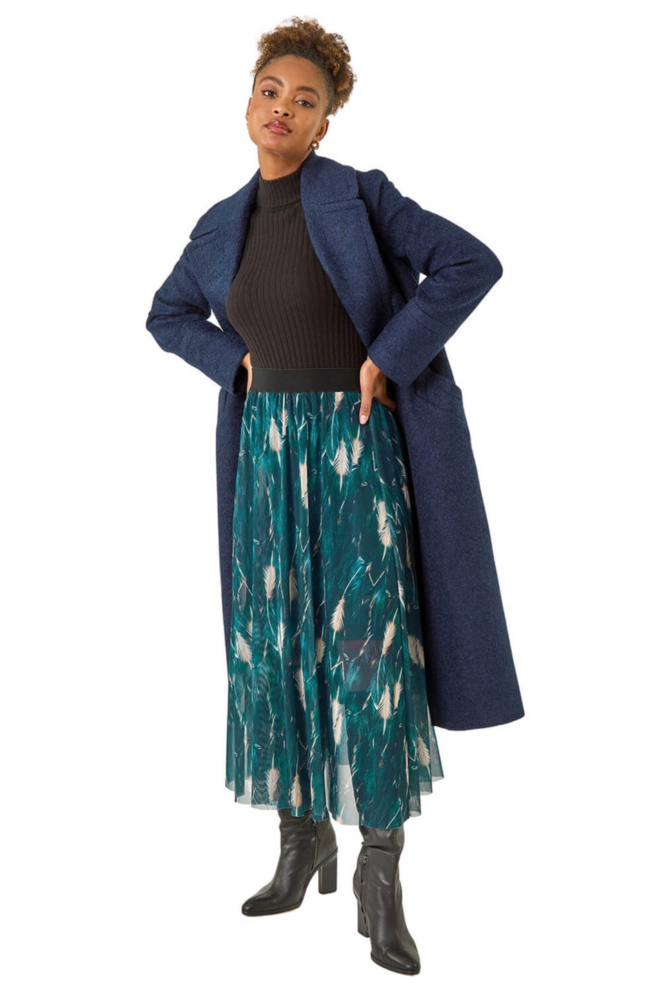 Roman Petrol Blue Abstract Print Mesh Overlay Skirt