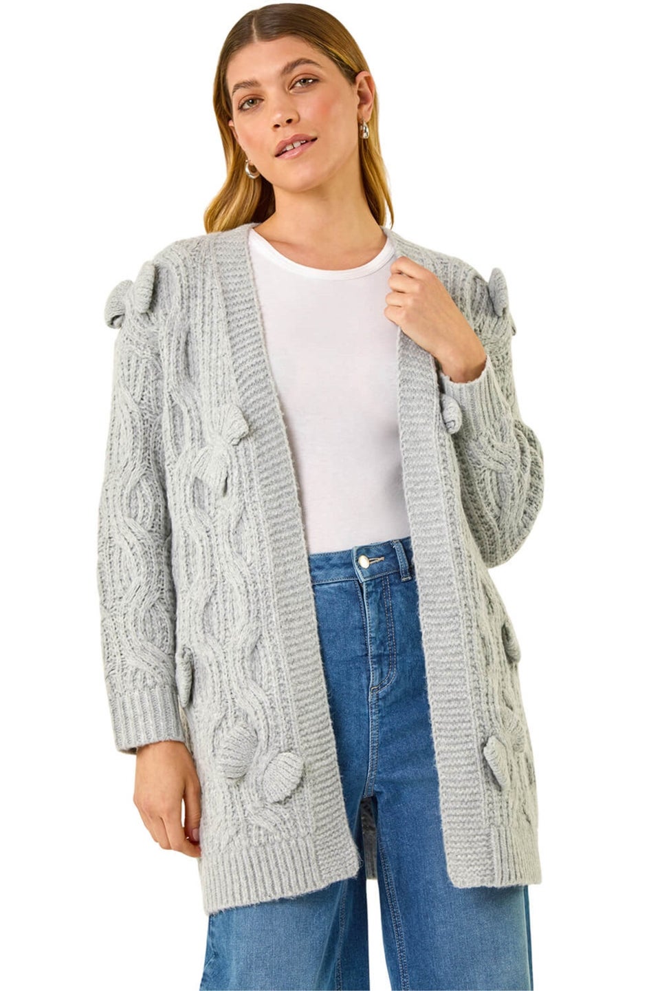 Roman Grey Bow Embellished Knit Cardigan