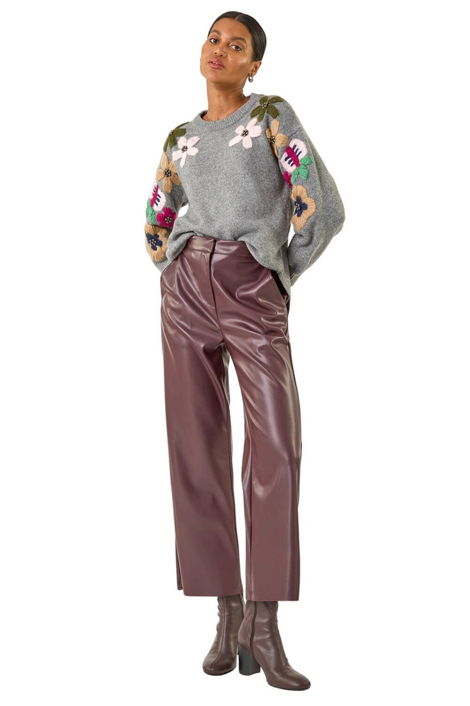 Roman Wine Faux Leather Wide Leg Crop Trousers