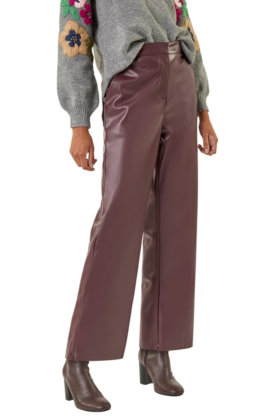 Roman Wine Faux Leather Wide Leg Crop Trousers