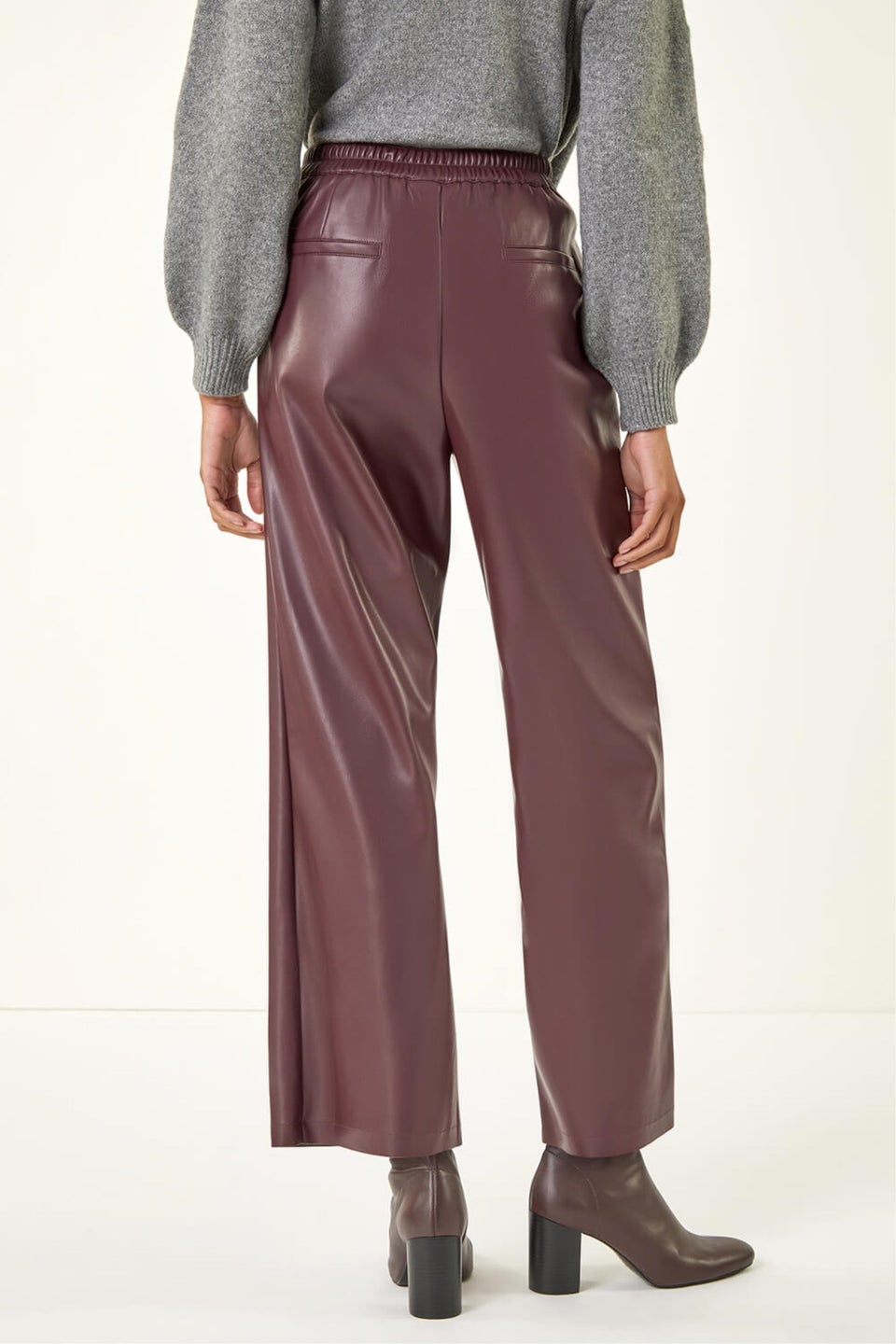 Roman Wine Faux Leather Wide Leg Crop Trousers