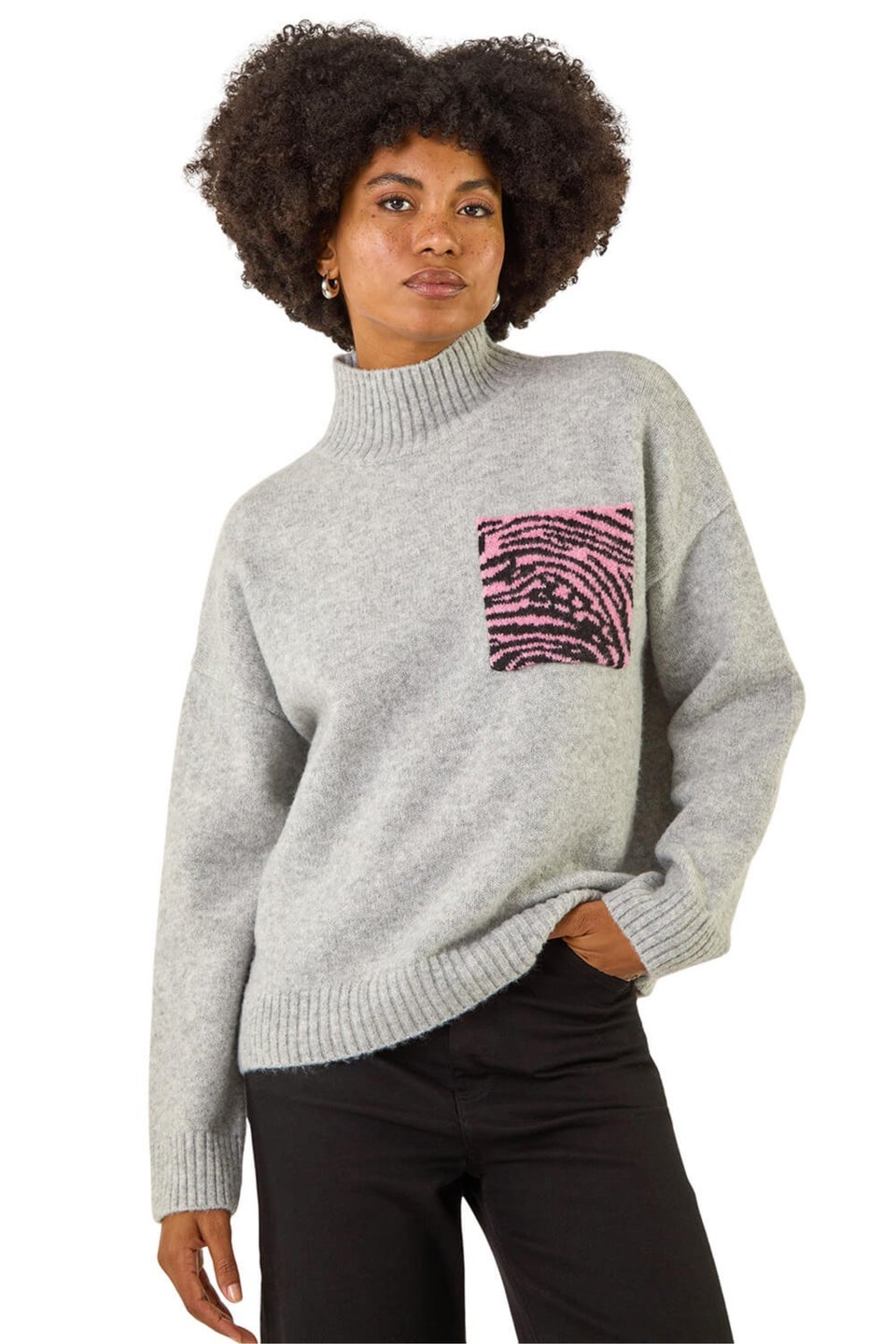 Roman Light Grey Animal Print Pocket Knit Jumper
