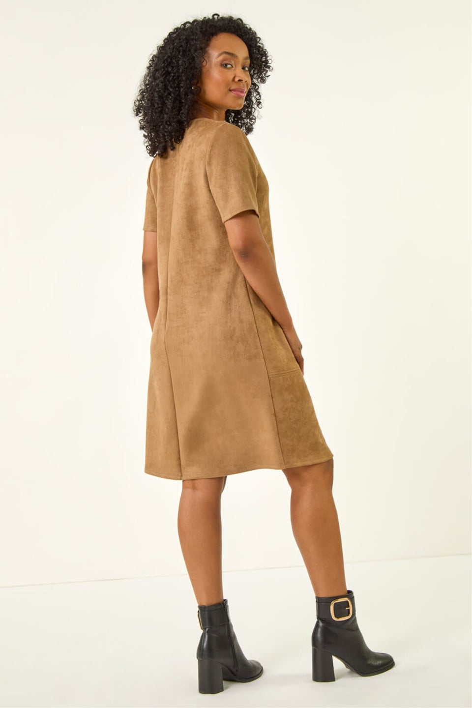 Roman Tan Petite Premium Stretch Suede Shift Dress