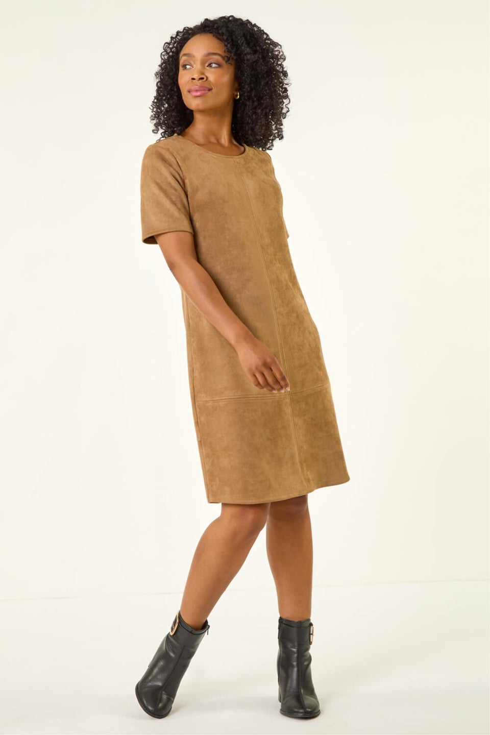 Roman Tan Petite Premium Stretch Suede Shift Dress