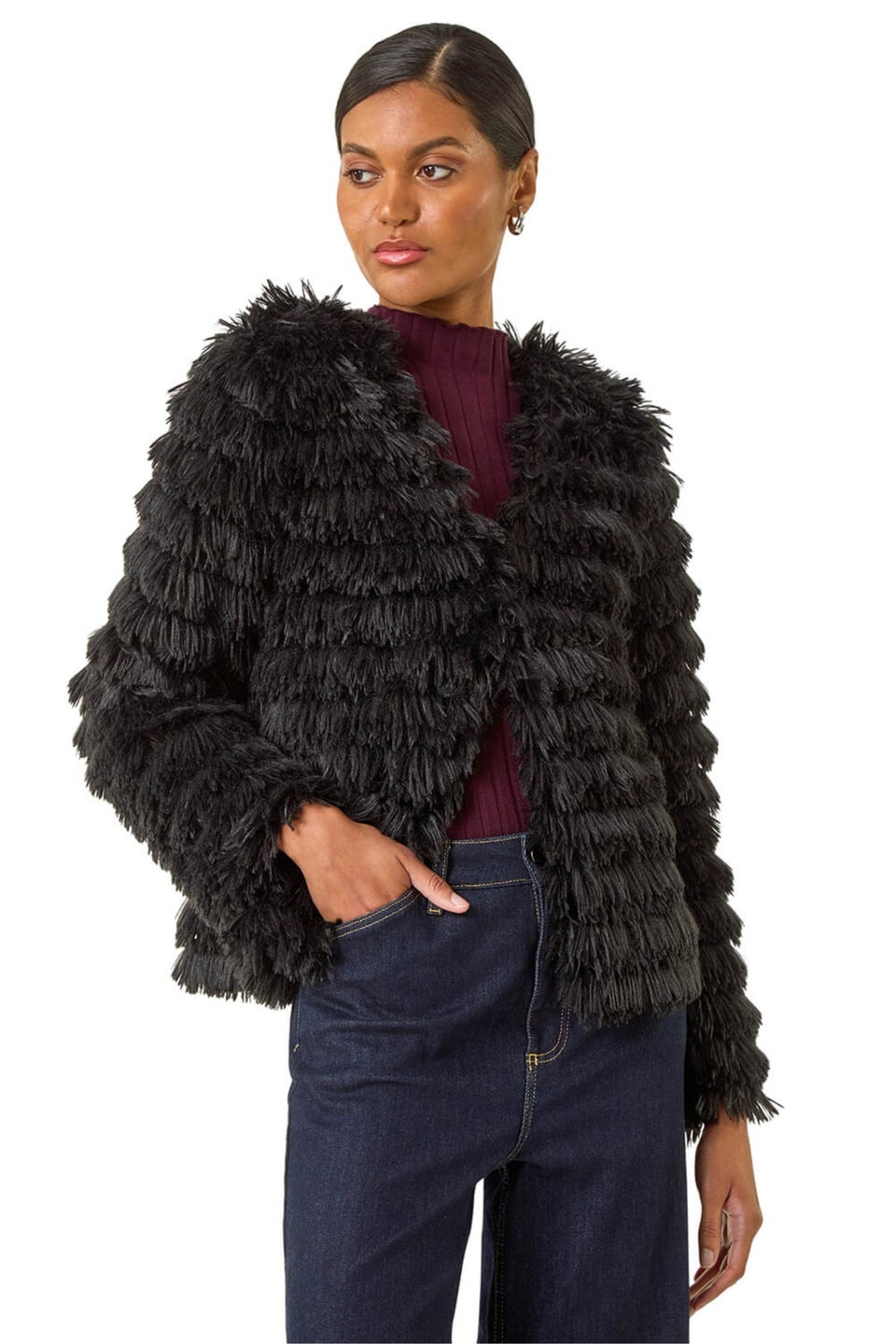 Roman Black Faux Fur Fluffy Layered Jacket