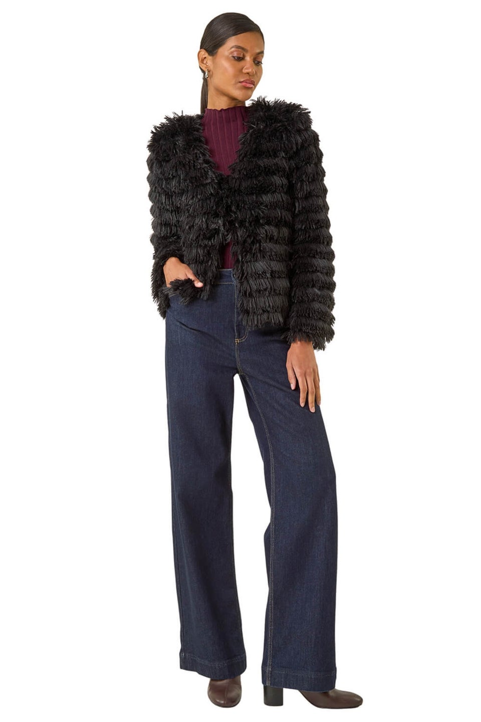 Roman Black Faux Fur Fluffy Layered Jacket