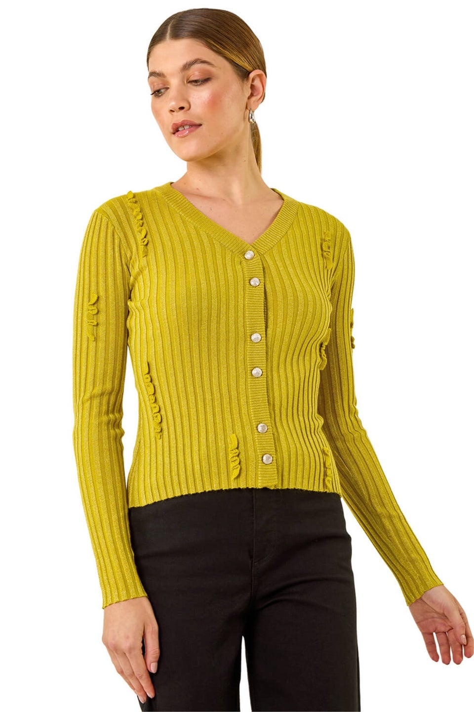 Roman Lime Sequin Ruffle Buttoned Knit Top