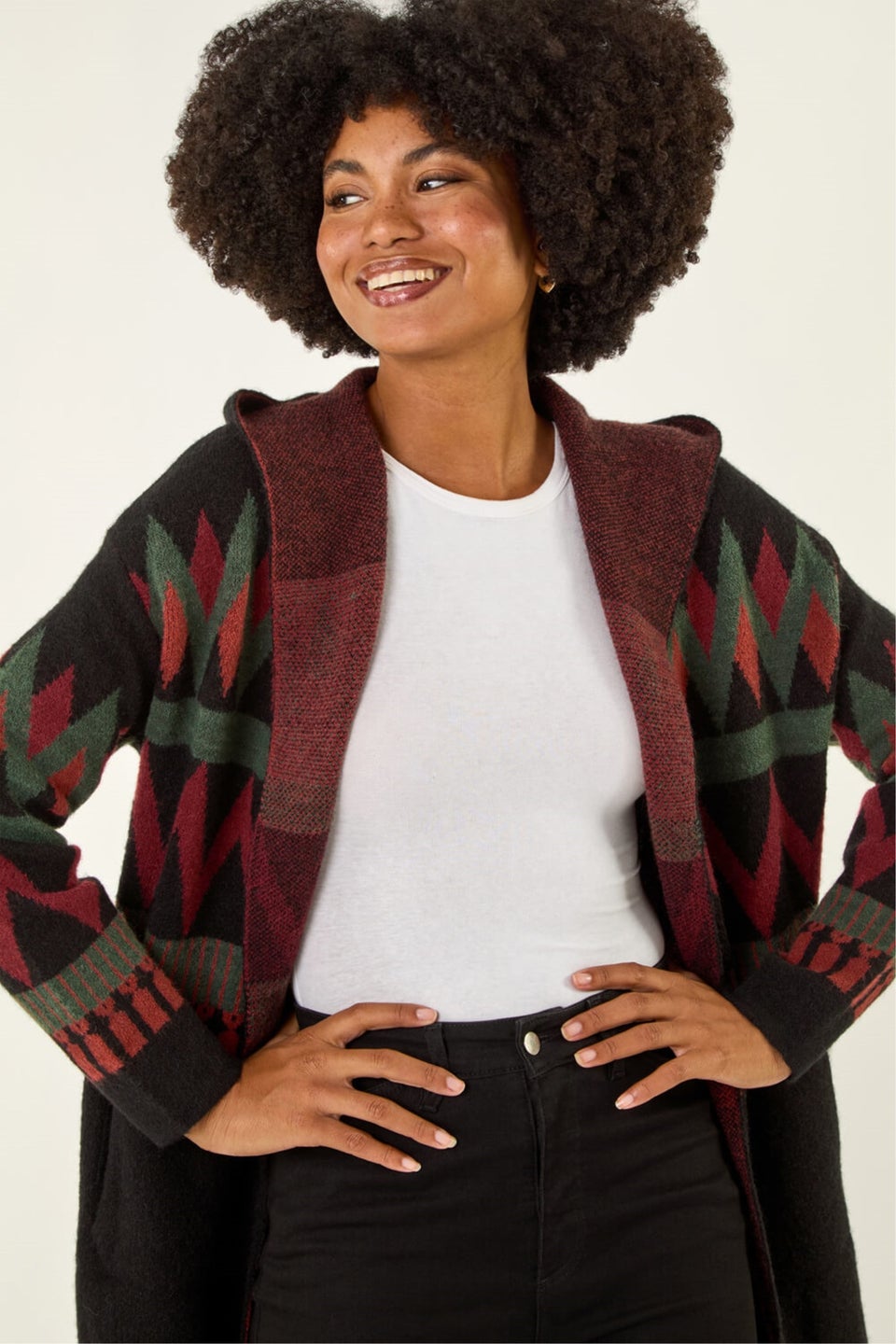 Roman Black Nordic Pattern Hooded Knit Cardigan