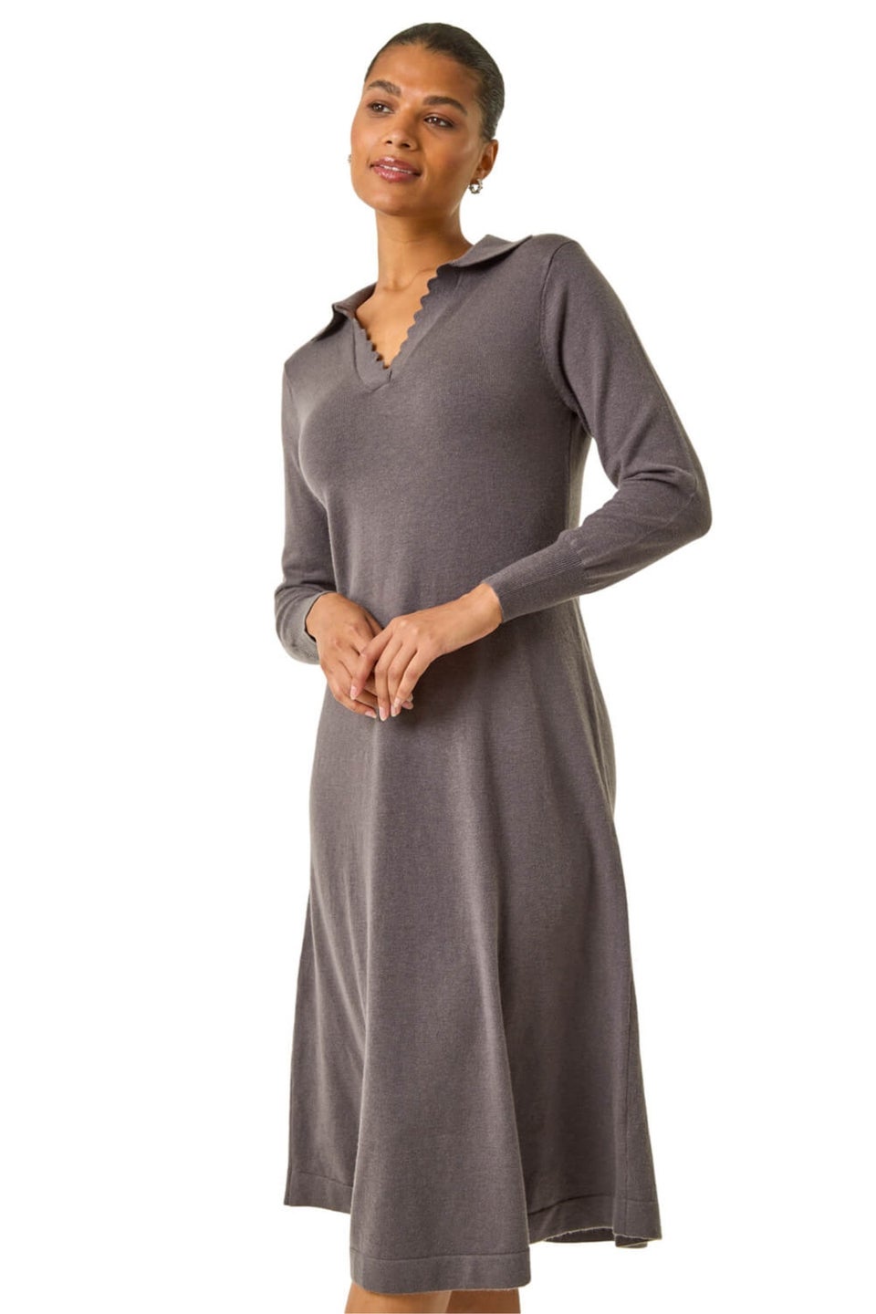 Roman Dark Grey Scallop Detail Knitted Midi Dress
