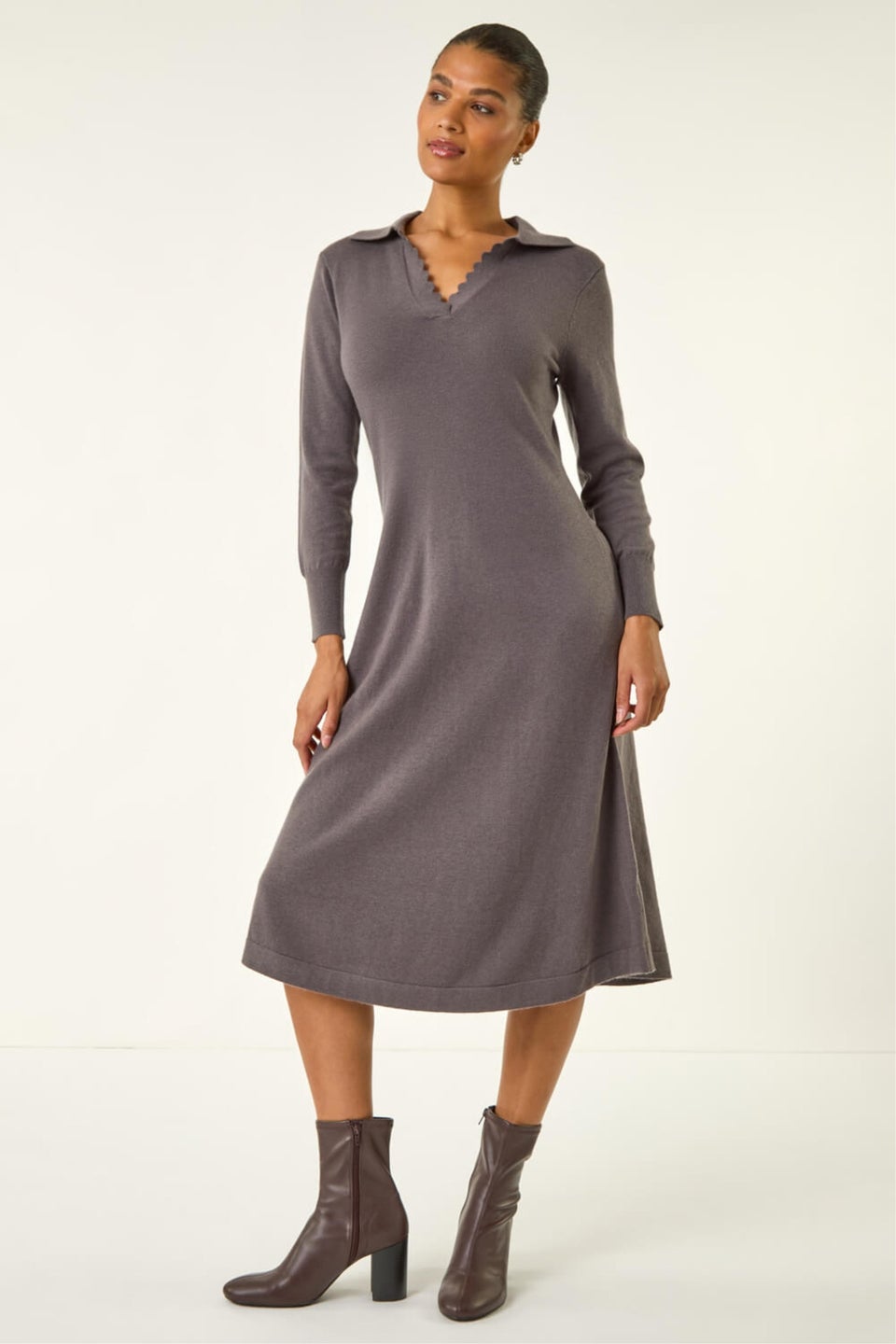 Roman Dark Grey Scallop Detail Knitted Midi Dress