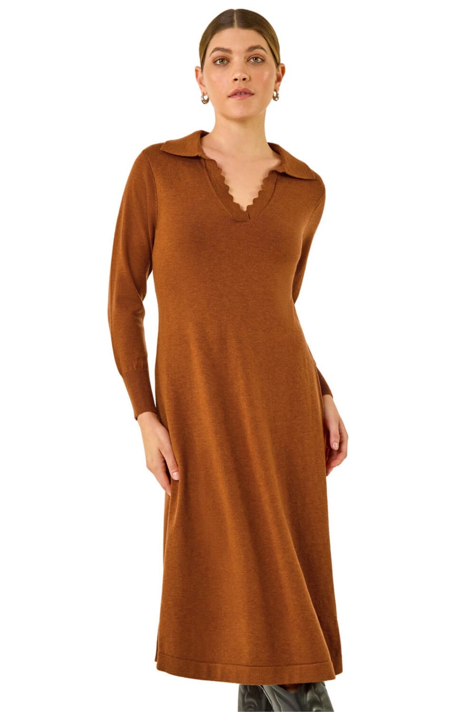 Roman Copper Scallop Detail Knitted Midi Dress