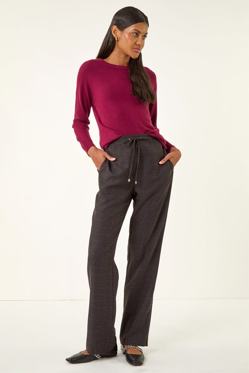 Roman Aubergine Check Elasticated Waist Drawcord Trouser